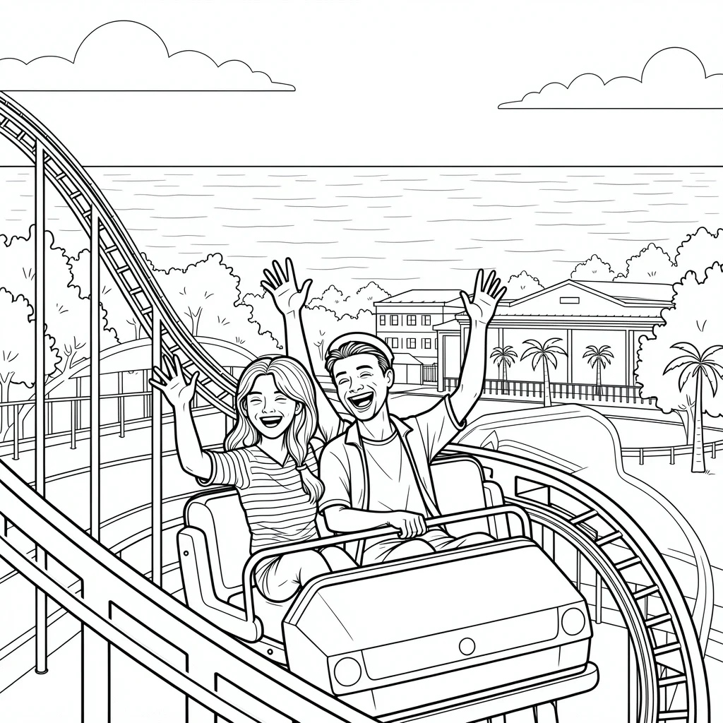 Belmont Park Roller Coaster Date Couple laughing and riding the Giant Dipper roller coaster at Belmont Park with ocean backdrop