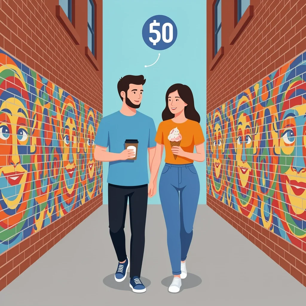 Best Denver Date Under 50 Dollars Illustration A couple enjoying a street art walk with coffee and ice cream, symbolizing a budget-friendly date