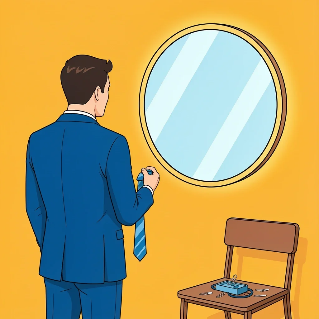 Attire Coordination for Best Man Man in blue suit adjusting tie with sewing kit on chair