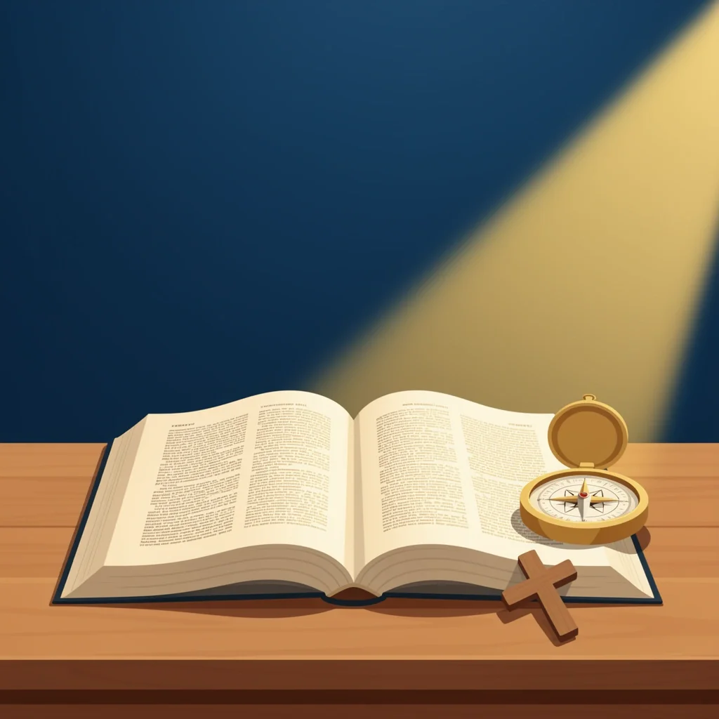 Open Bible on a wooden table with a compass and cross, warm sunlight highlighting the pages