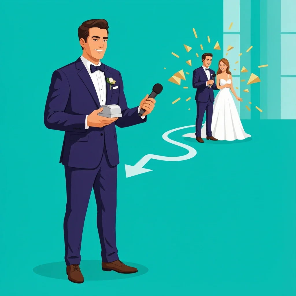 Best man holding ring box and microphone at wedding reception with arrow pointing to happy couple