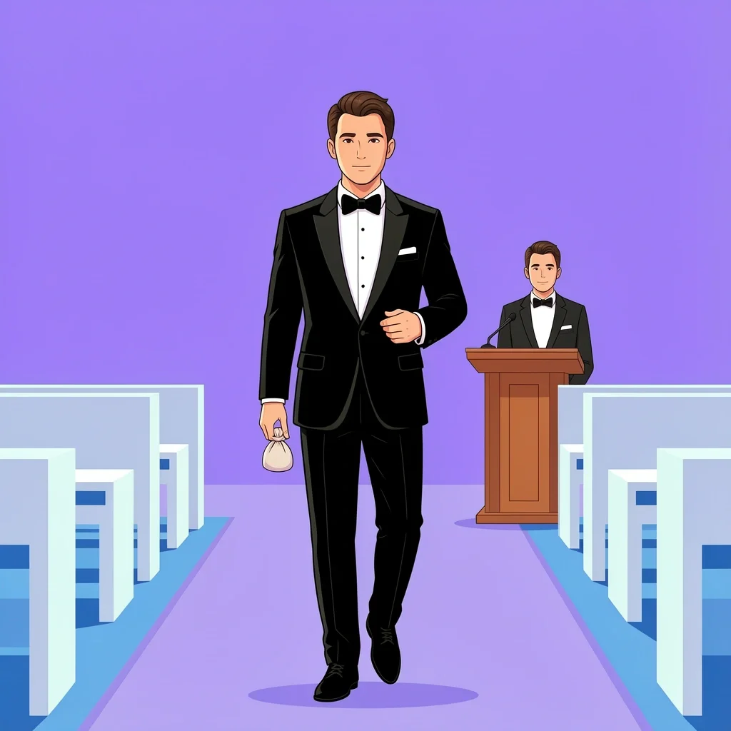 Ceremony Duties Best Man Best man walking down aisle with ring pouch and officiant at altar