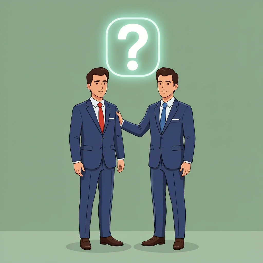 Best Man Support Role Two men in suits with one supporting the other and a question mark icon above them