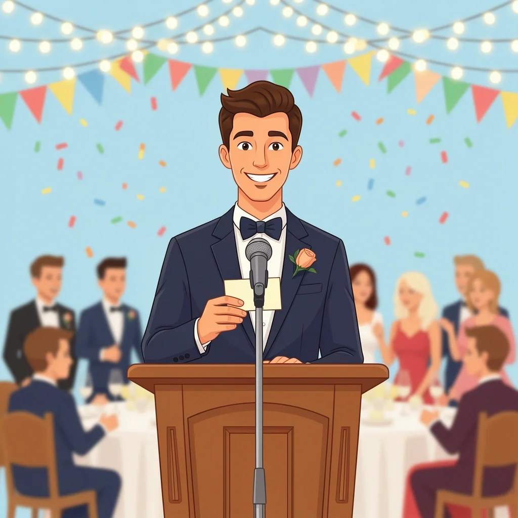 Best man smiling at wedding podium with microphone and bunting in background