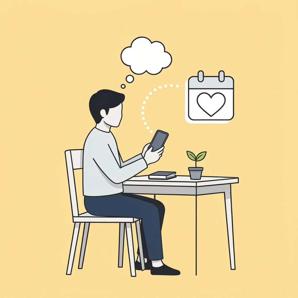 Person at home with a phone and notebook, connected by a dotted line to a calendar with a heart, showing therapy preparation between sessions