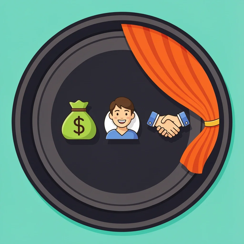 Beyond the Highlight Reel 2024 2D illustration of a camera lens with curtain pulled back revealing economy, guest experience, and handshake symbols