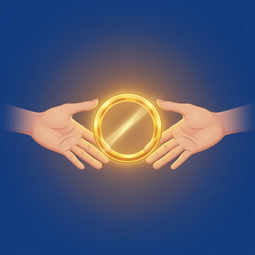 Two hands reaching toward a glowing golden ring on a blue and amber gradient background, representing the biblical marriage covenant as a threefold cord with God at the center