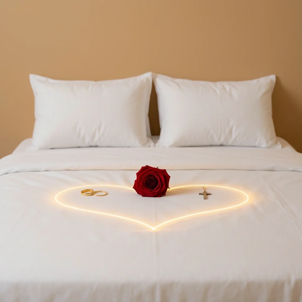 Biblical Sexual Ethic Exclusivity Pleasure Art A white bed with a red rose and golden wedding ring next to a cross pendant, illustrating the biblical sexual ethic of exclusivity and pleasure within marriage
