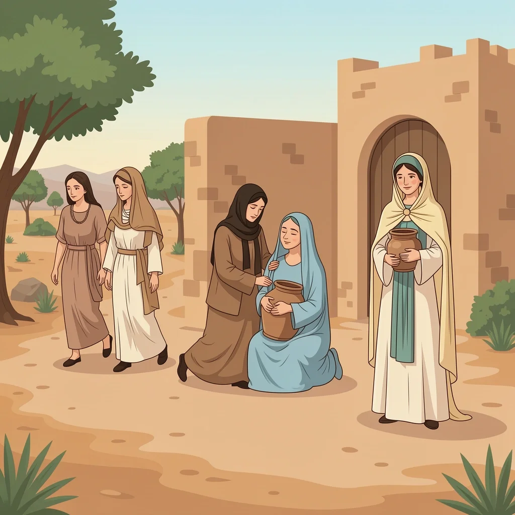 Three biblical scenes showing Ruth and Naomi, Mary and Elizabeth, and Mary at the wedding in Cana, emphasizing loyalty and support.