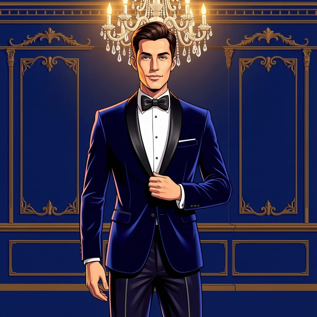Groom in midnight blue velvet peak lapel tuxedo in a luxurious ballroom for a black-tie evening wedding