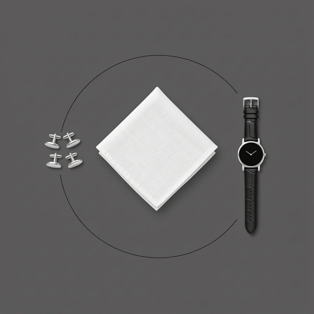 Flatlay illustration of tuxedo accessories: silver cufflinks, white pocket square, and black watch.