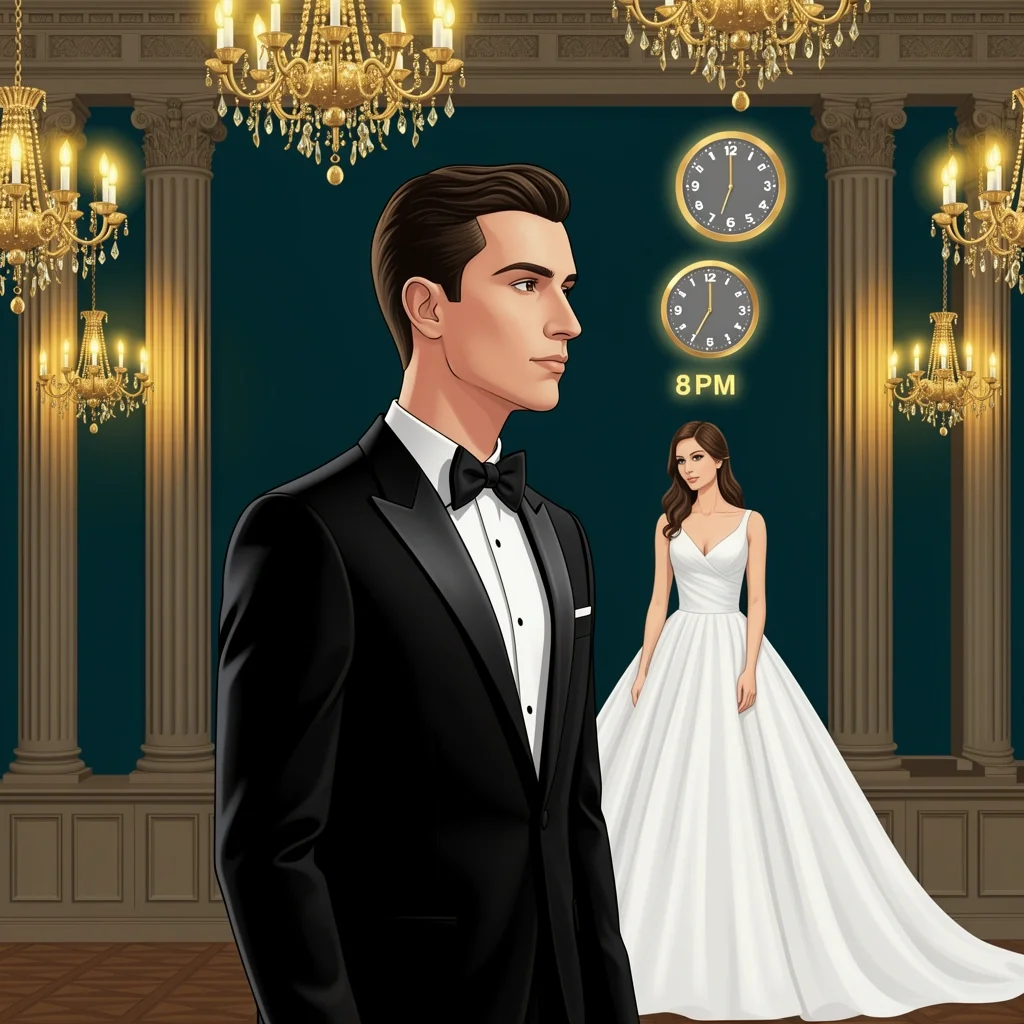 Groom in black tuxedo standing confidently in an elegant ballroom with chandeliers and bride, indicating formal evening wedding.