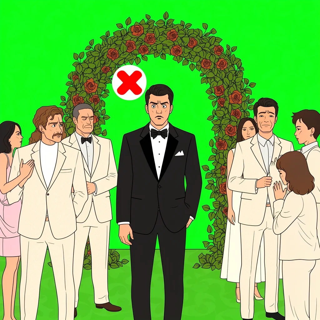 Man in black tuxedo looking out of place at a sunny garden wedding, with a red X icon indicating unsuitability.