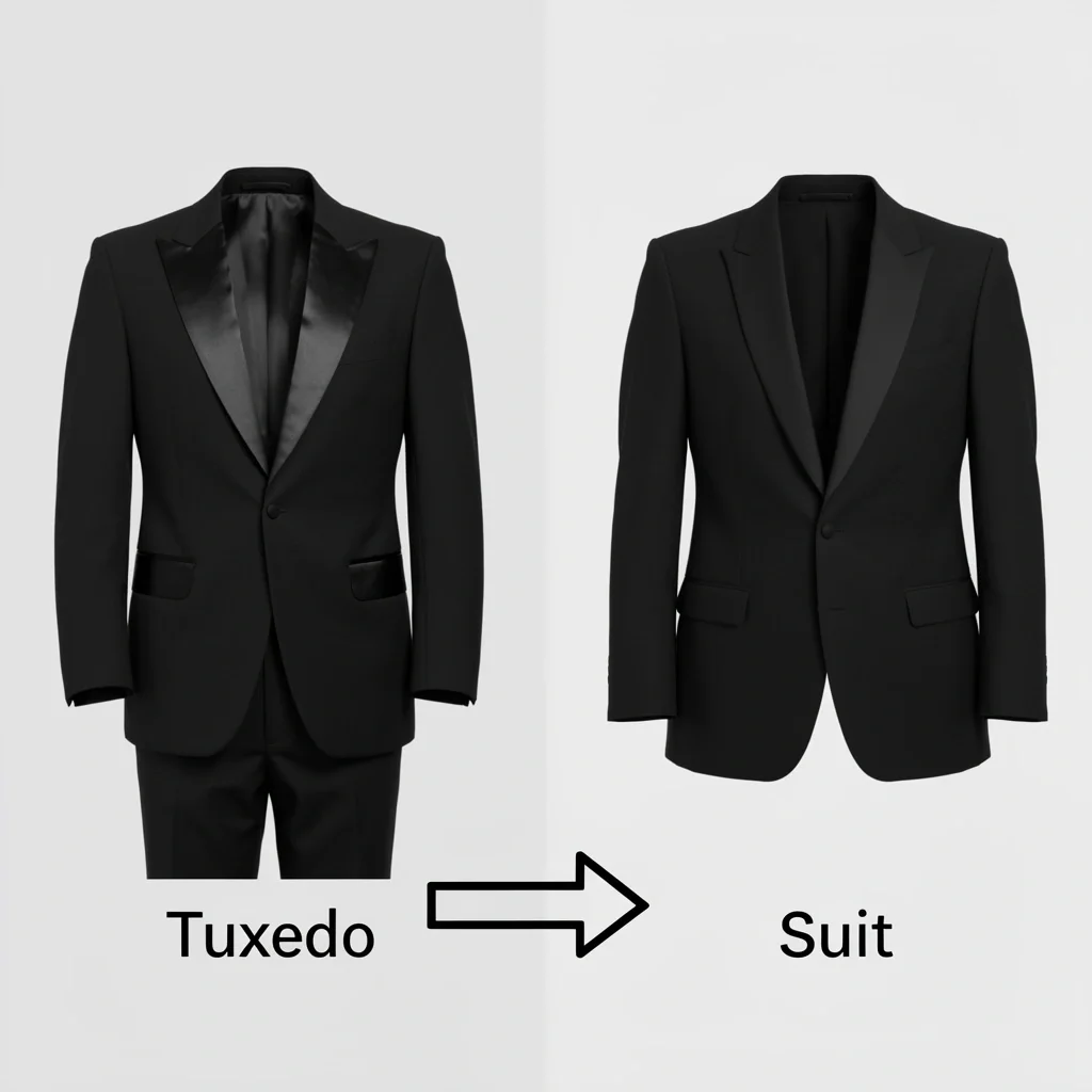 Side-by-side illustration comparing a black tuxedo with satin lapels to a black suit with matte lapels, showing the key differences.