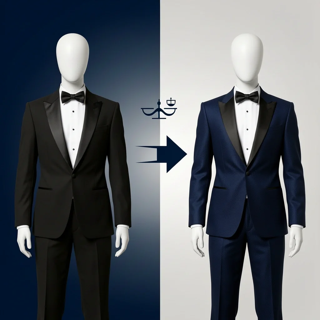 Side-by-side illustration of a black tuxedo and a navy tuxedo on mannequins, with a balanced scale icon between them.