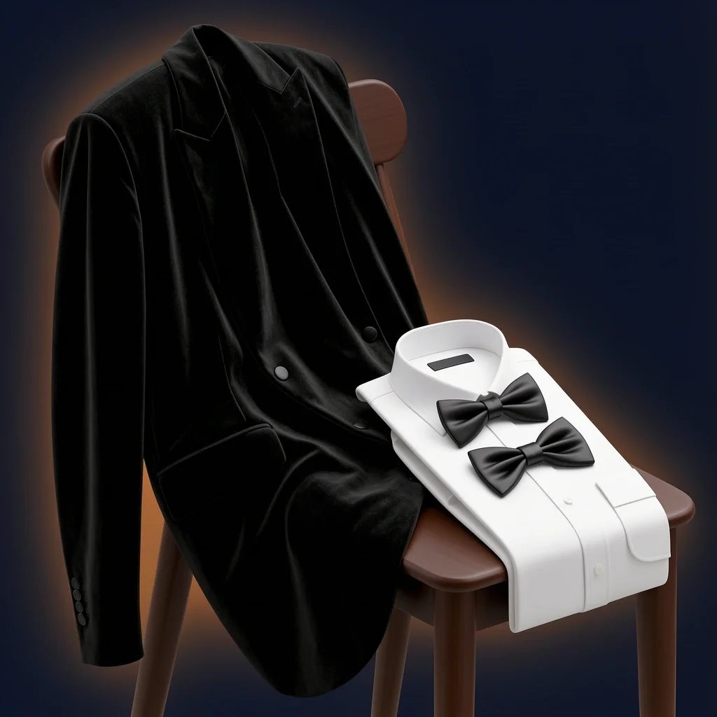 Velvet Jacket Tuxedo Detail Black velvet dinner jacket with a white shirt and black bow tie, showcasing the rich texture of the fabric for a fun yet formal tuxedo look.