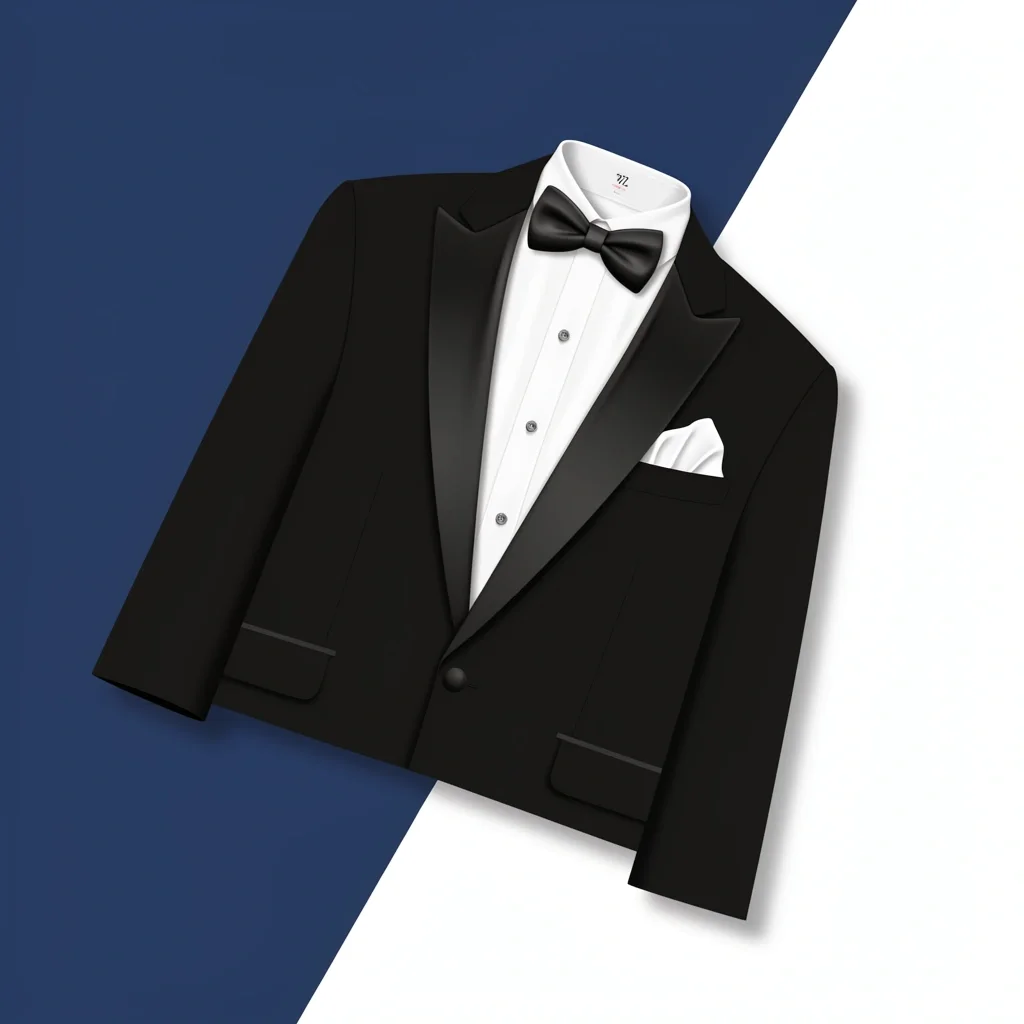 A modern flatlay of a black tuxedo jacket with satin lapels, white shirt, bow tie, cufflinks, and pocket square on a clean navy background.