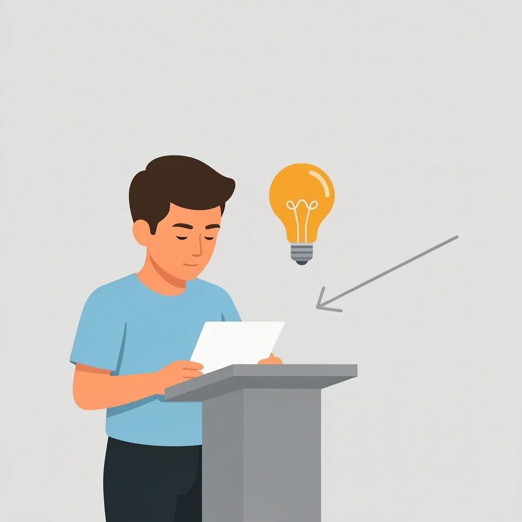 Speaker calmly looking down at paper with lightbulb icon and arrow showing next line