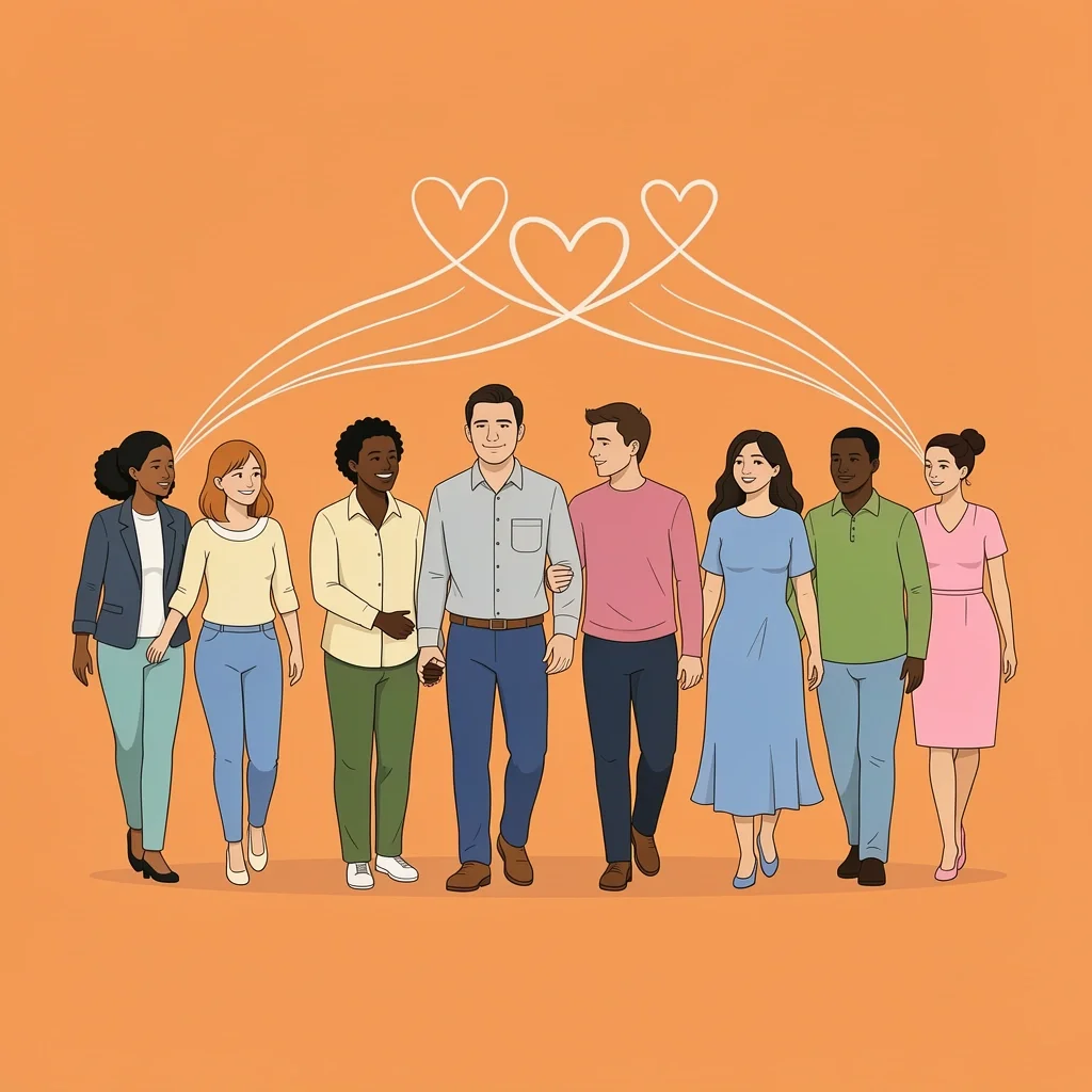 Blended family with diverse parents and step-parents escorting a couple down aisle, with heart shapes and connecting lines