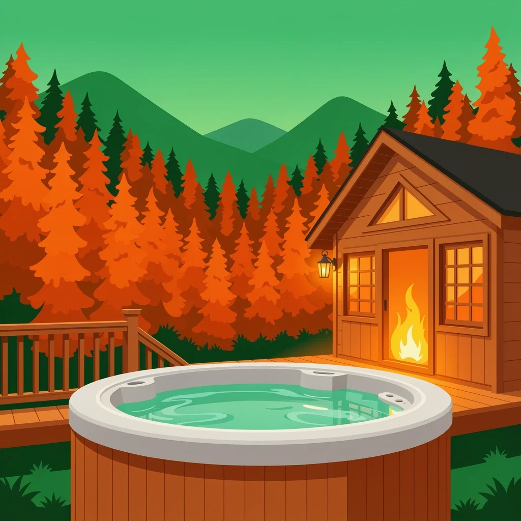 Private hot tub on cabin deck overlooking autumn forest in Blue Ridge Georgia