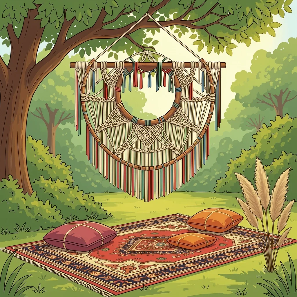 Boho Macramé Wedding Altar Circular macramé altar with ribbons and pampas grass on a Persian rug in a garden