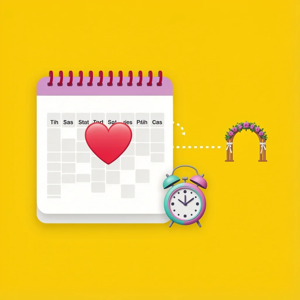 Atlanta Wedding Date Booking Tips Calendar with heart date, alarm clock, and wedding arch connected by dotted line illustrating booking timeline