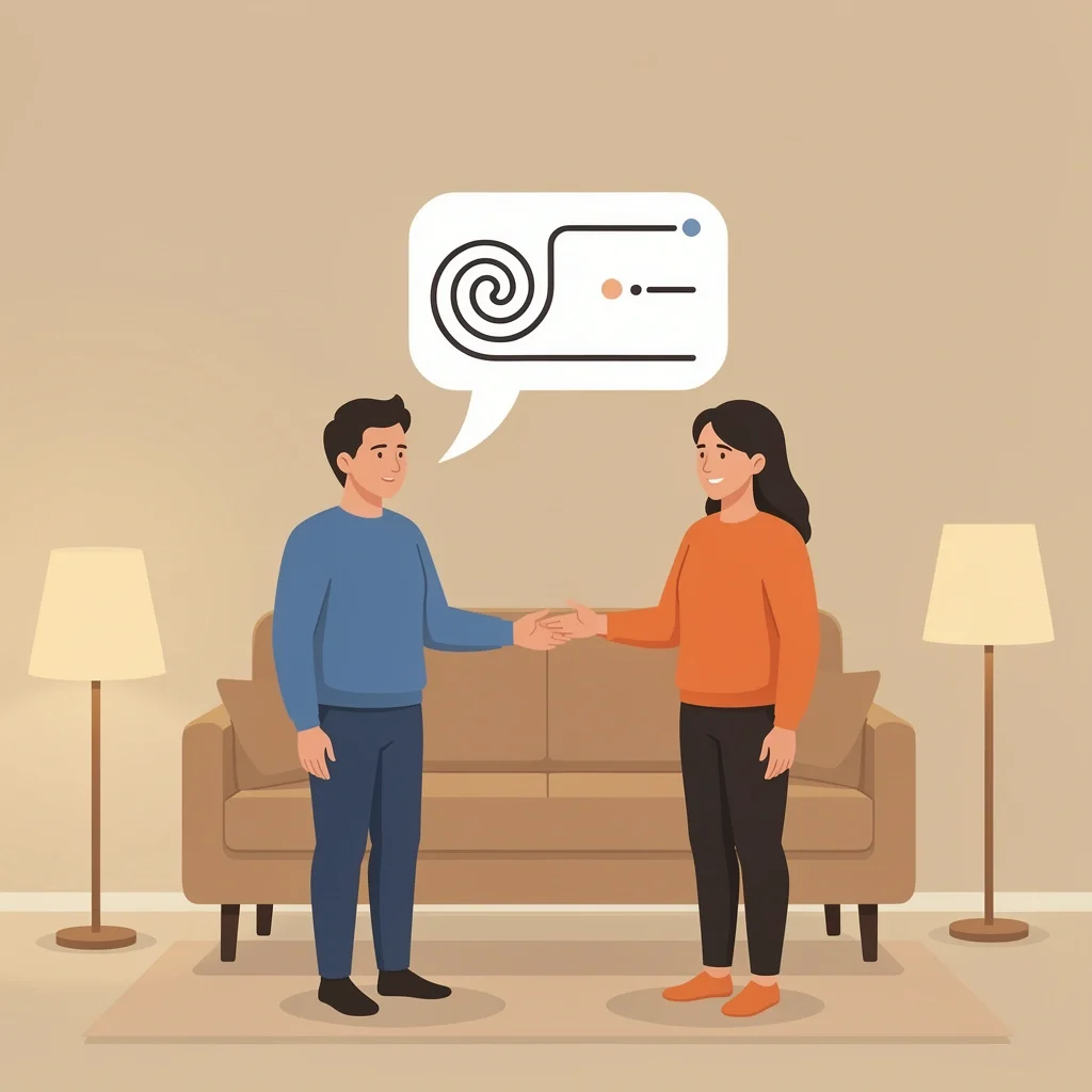 A couple communicating about boundaries in a calm living room, with a speech bubble containing abstract shapes representing the three-part boundary script.