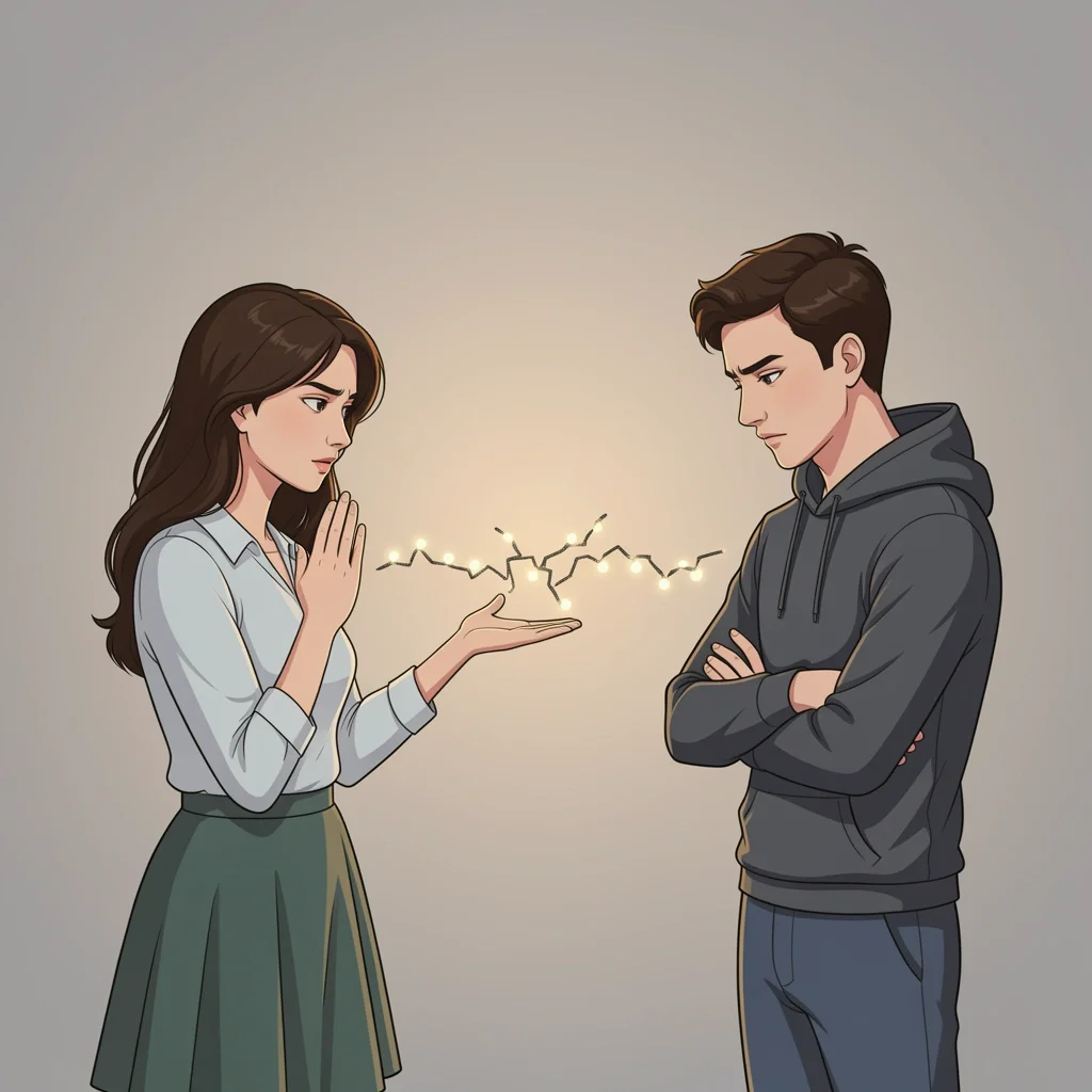 A couple facing tension after setting a boundary, with a broken line being rebuilt between them, symbolizing repair and reconnection.