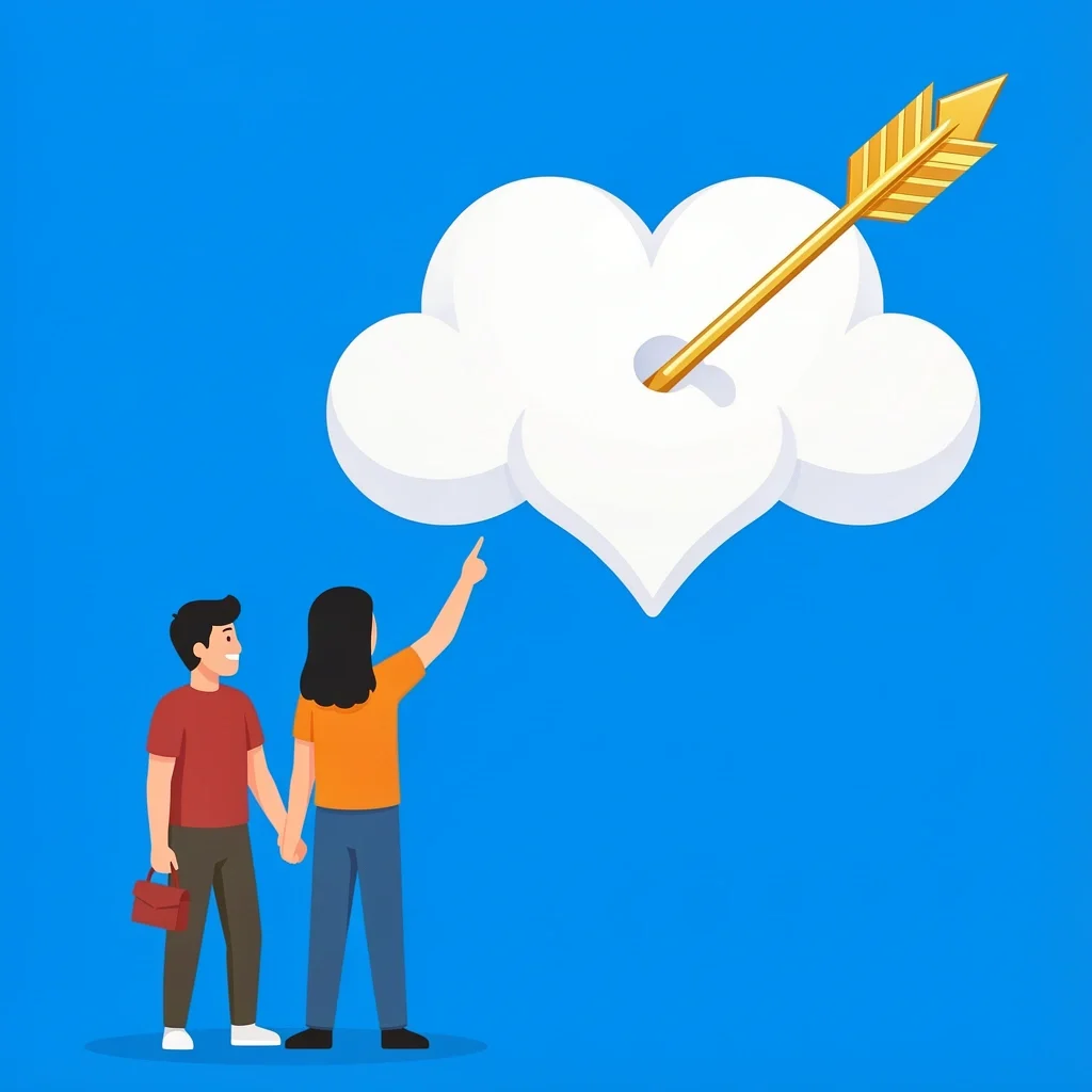 Debunking Marriage Myths Illustration Couple pointing at a heart-shaped cloud pierced by an arrow, symbolizing debunking marriage myths