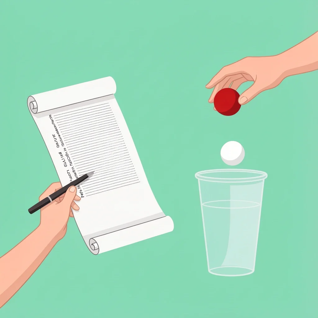 Hands holding a mad libs scroll and a ping pong ball near a cup representing creative and activity games