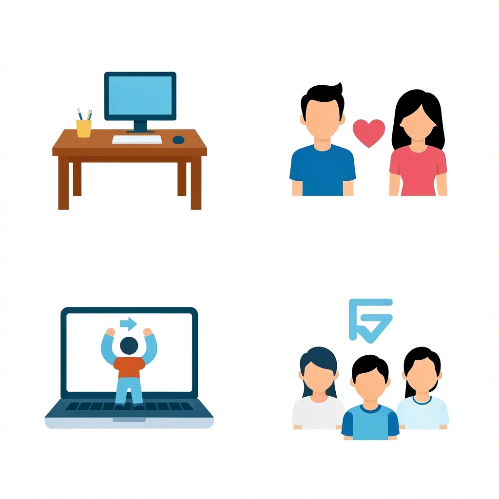 Four icons representing workplace, co-ed, virtual, and small group bridal showers for game adaptations