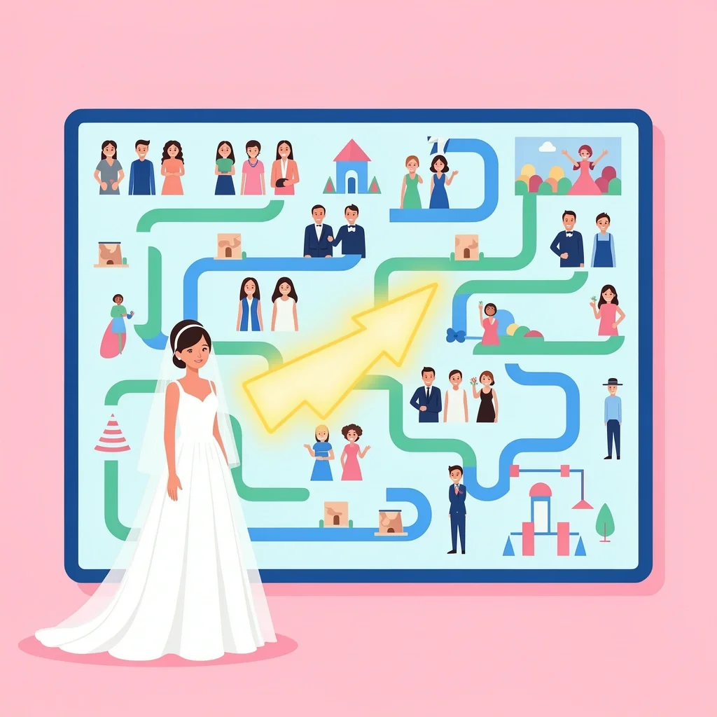 Bride choosing the right bridal shower games from a visual game board with paths for different guest counts and venues