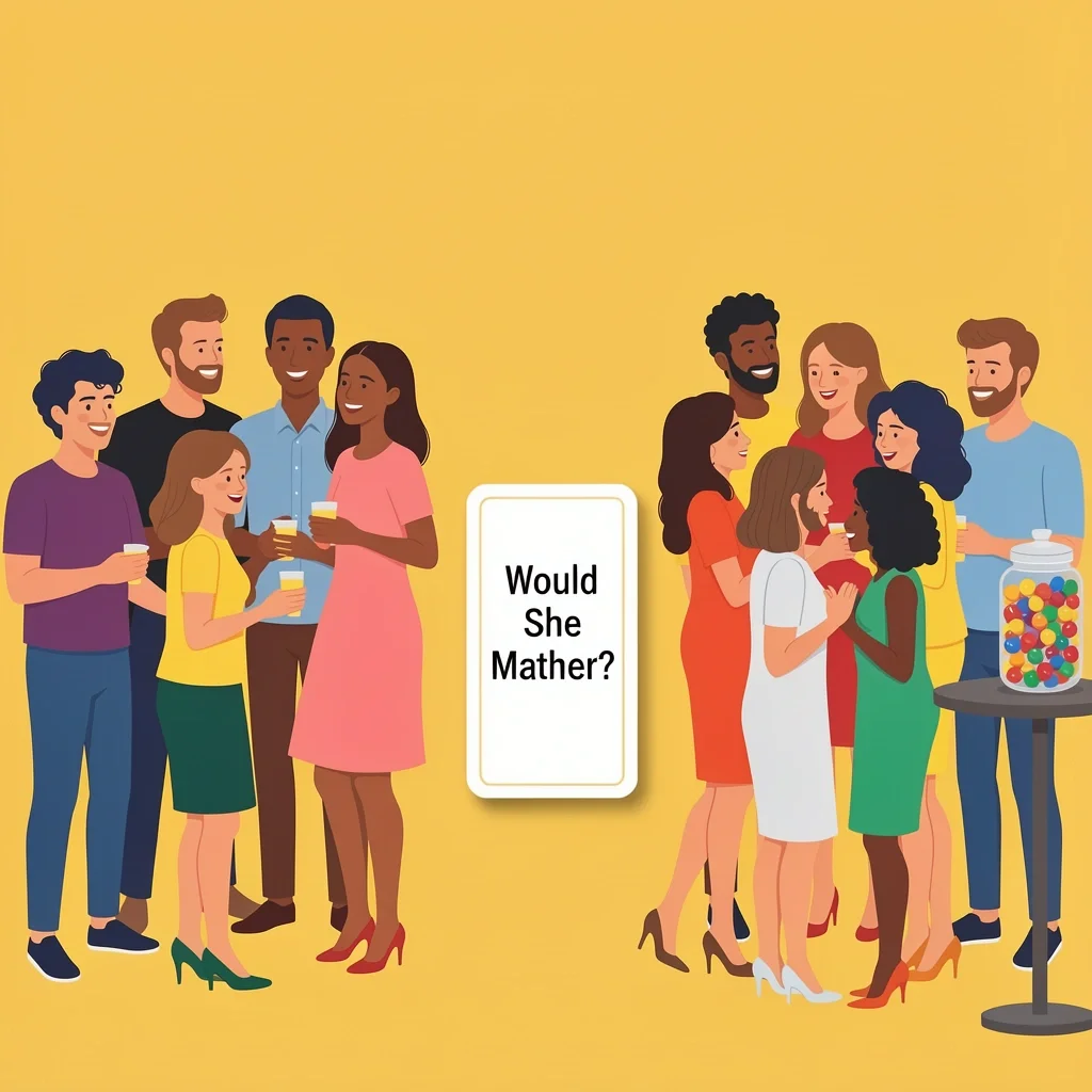 Games for Mixed Guest Groups Diverse group of bridal shower guests socializing over a 'Would She Rather' game and a candy jar