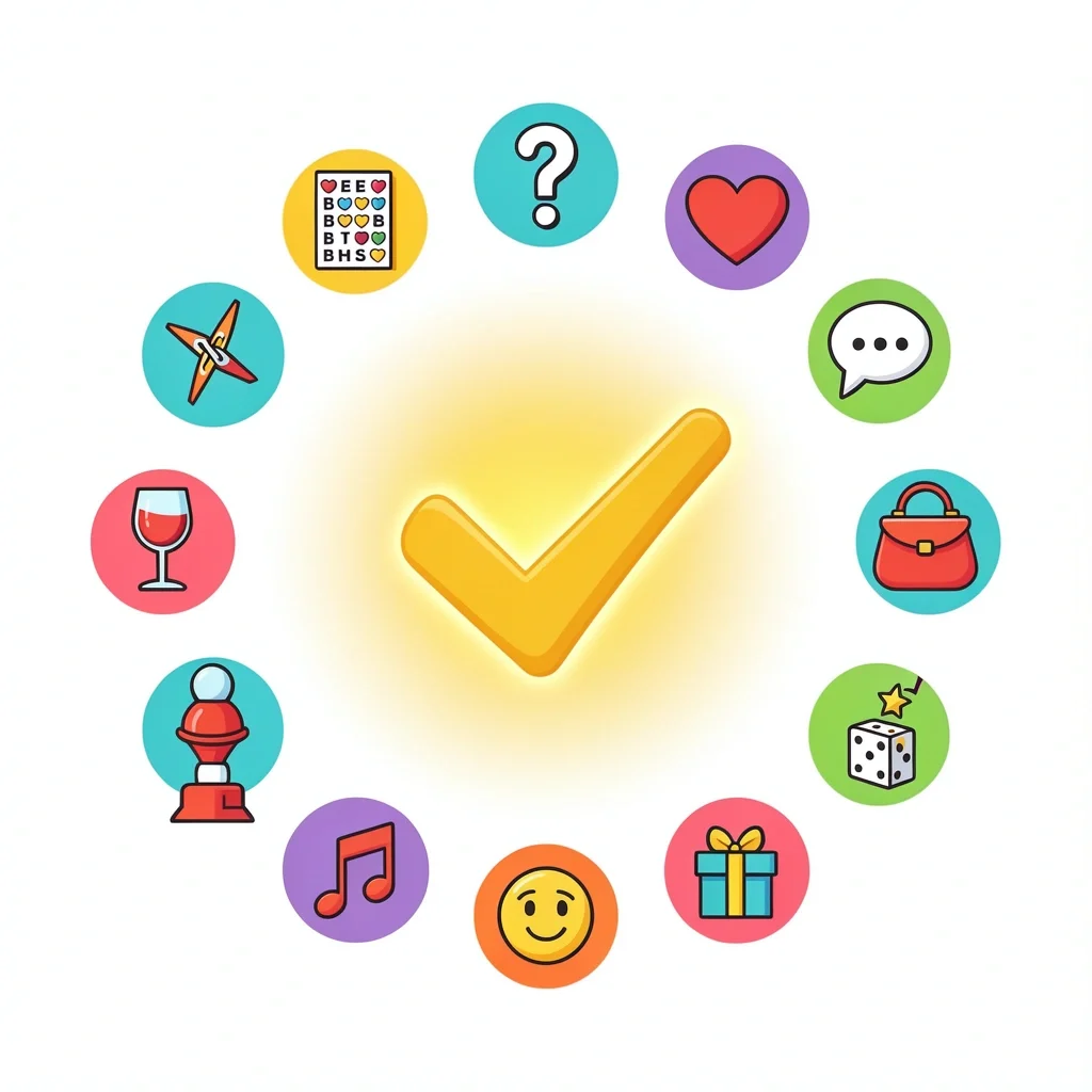 Checkmark icon surrounded by twelve game icons representing different bridal shower games