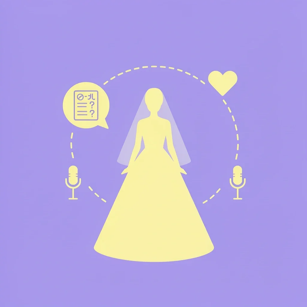 Bride silhouette with question mark surrounded by quiz sheet, heart, and microphone icons representing knowledge games
