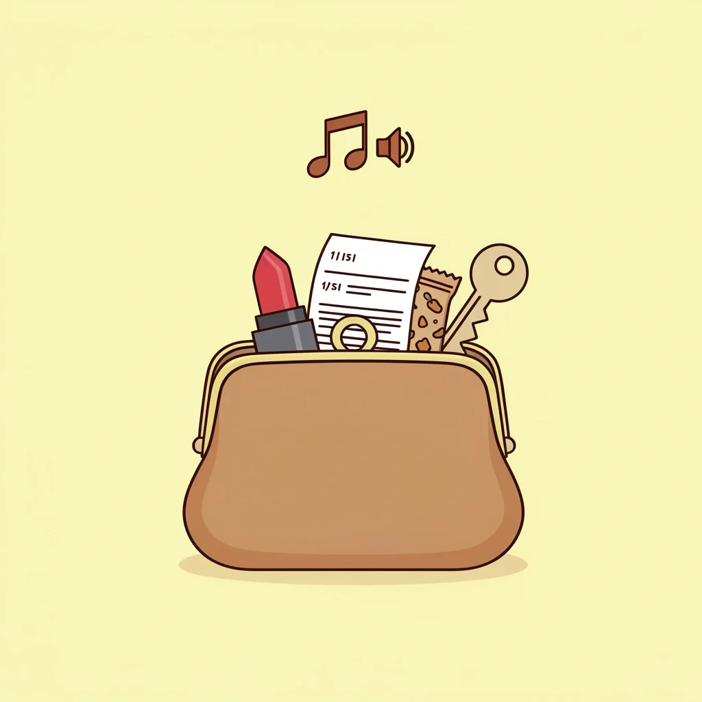 Open purse with everyday items and a music note icon representing low energy high laugh bridal shower games