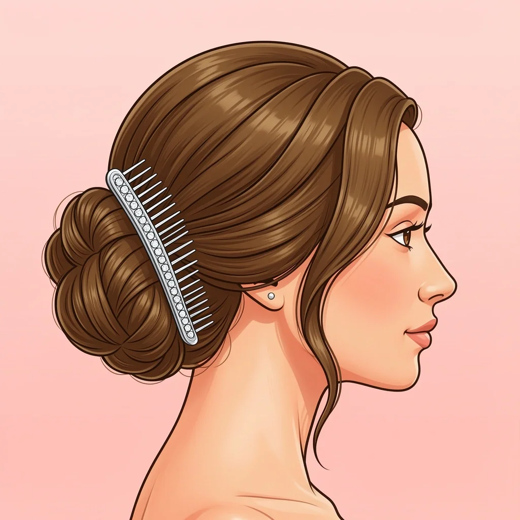Bridal Updo with Hair Comb Bride with a sleek chignon updo and a rhinestone hair comb securely inserted into the bun