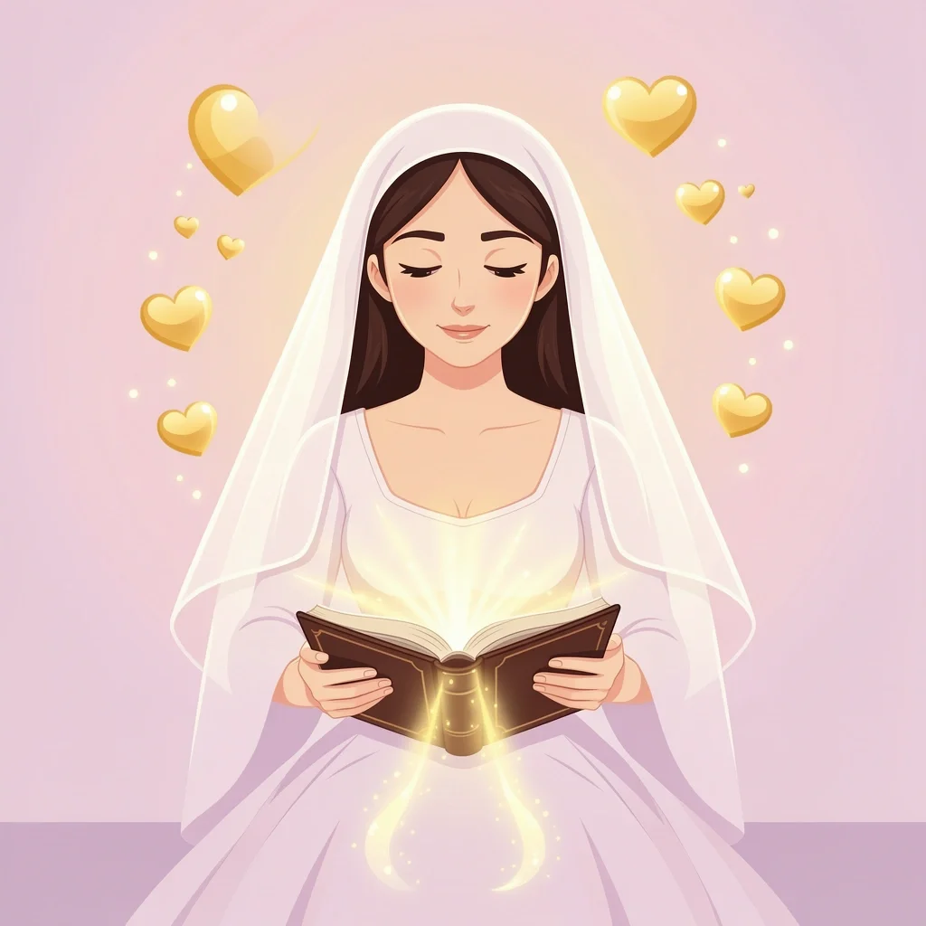 Bride reading a devotional Bible in a sunlit room with glowing hearts and light path symbolizing spiritual preparation