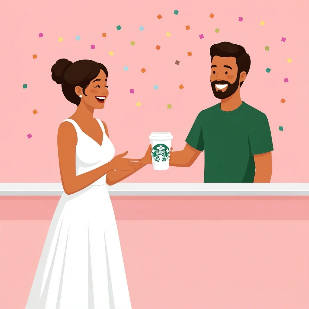 Bride in white dress receiving a free Starbucks coffee from a smiling barista on her wedding day, festive confetti in background