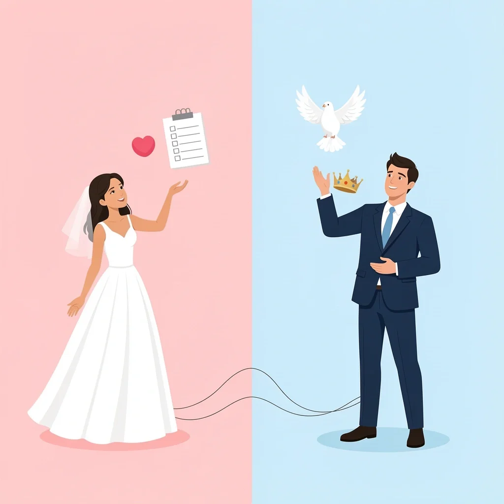 Split illustration of a bride releasing a checklist and stress ball, and a groom releasing a weighted crown, both replaced by positive symbols