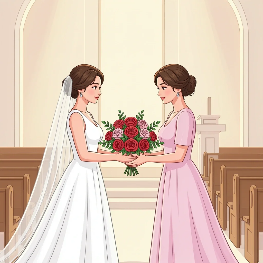 Bride handing her wedding bouquet to maid of honor during ceremony
