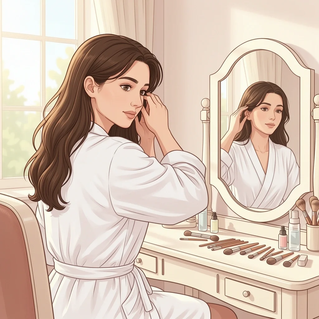 Bride in White Robe Getting Ready Bride in white cotton robe sitting at vanity applying makeup in soft morning light