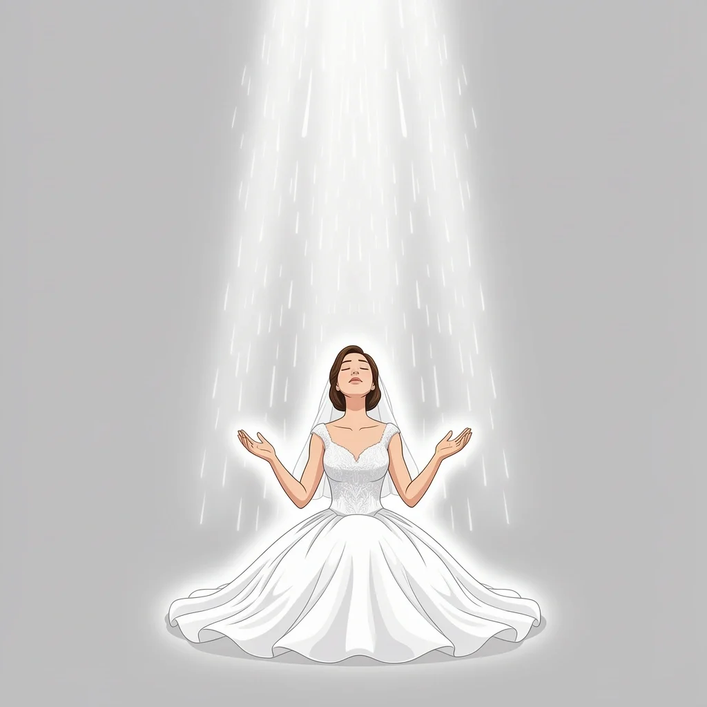 Bride overwhelmed but finding peace in prayer A bride sitting on the floor with open hands receiving light from above, representing casting anxiety on God