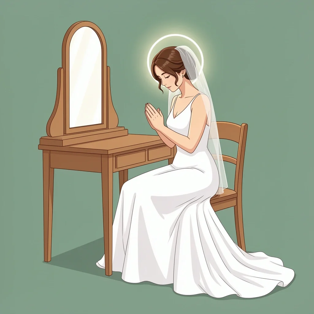 Bride praying wedding morning devotional A bride in a white dress sits at a vanity, praying with her hands folded and morning light around her