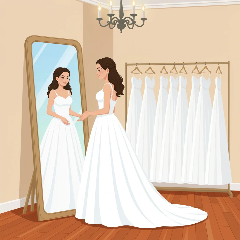 Bride in wedding dress touching fabric and smiling at mirror in boutique