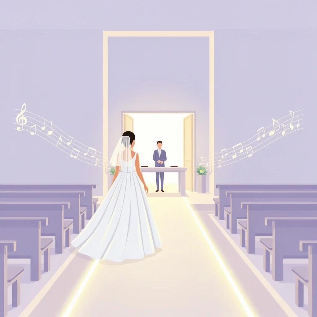 Bride walking down the aisle with musical notes floating around, representing wedding processional music selection