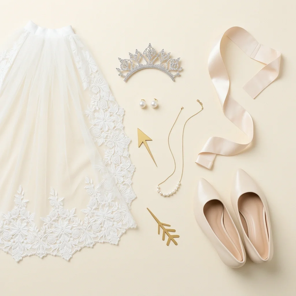 Flat lay of bride wedding accessories including veil, tiara, jewelry, belt, and shoes on ivory background