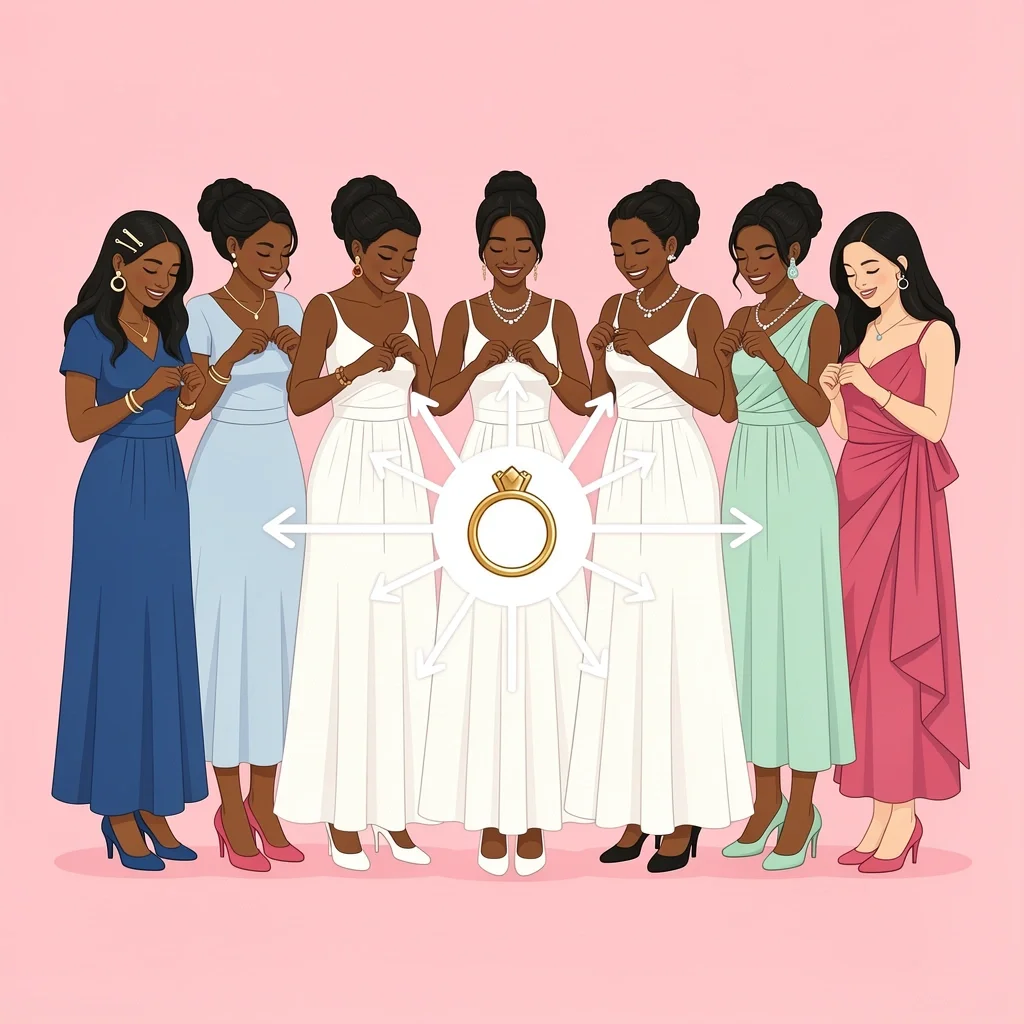 Diverse bridesmaids wearing coordinated yet distinct accessories including jewelry, hair pieces, and shoes with visual paths showing coordination