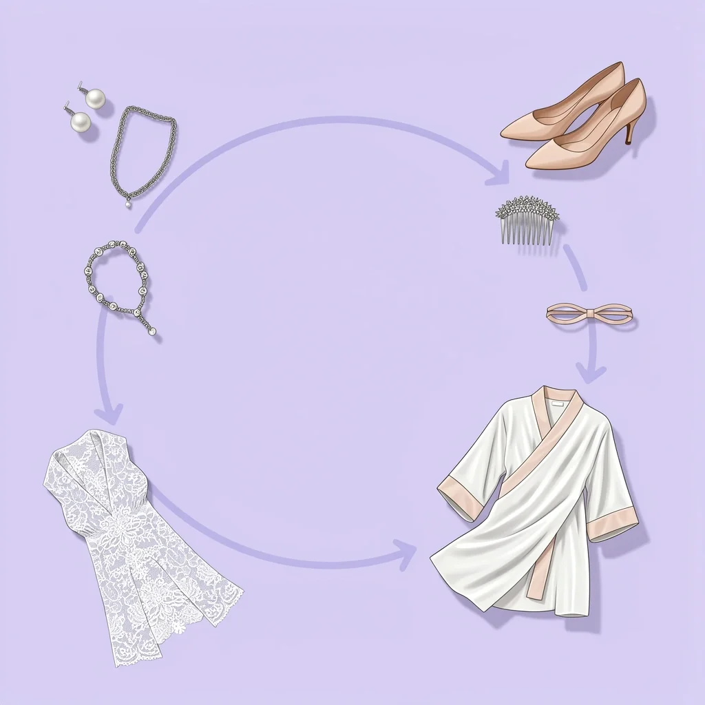 Flat lay of bridesmaid accessories including earrings, necklace, hair comb, shoes, wrap, robe, and belt on lavender background