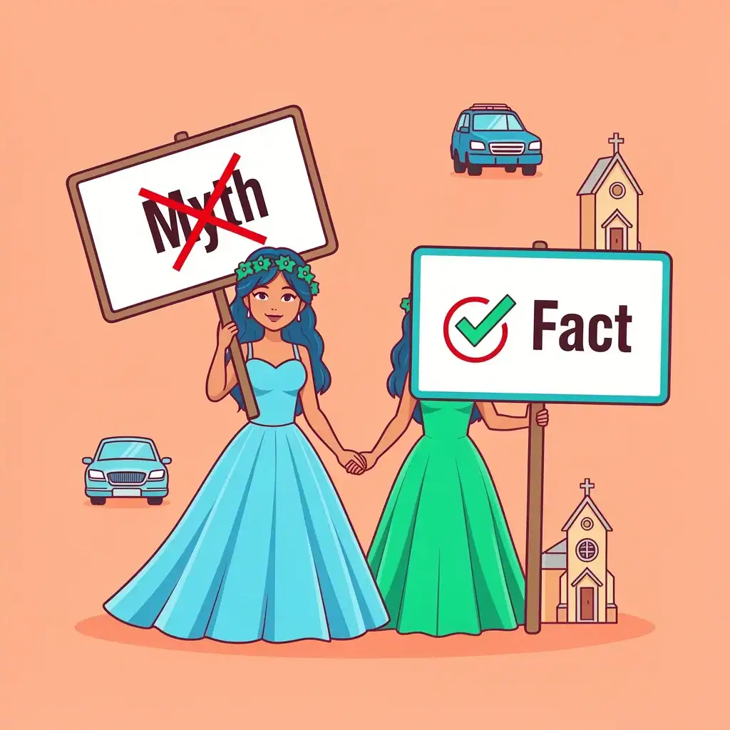 Bridesmaid Arrival Misconceptions Bridesmaids debunking myths about arrival with icons
